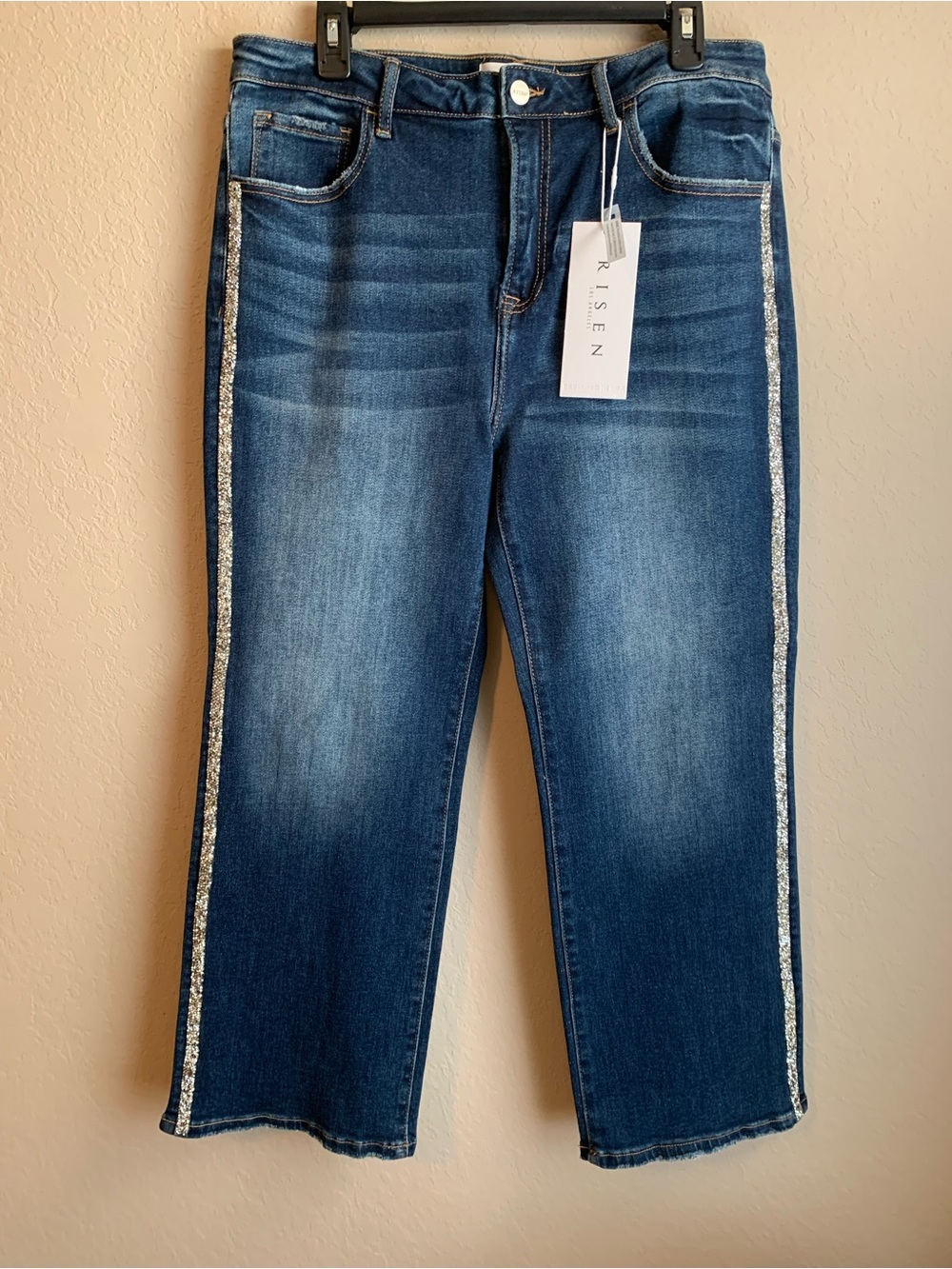 Risen Crop Silver Bling Adorned Straight Leg Denim Sz 1XL 14-16 Stretch
